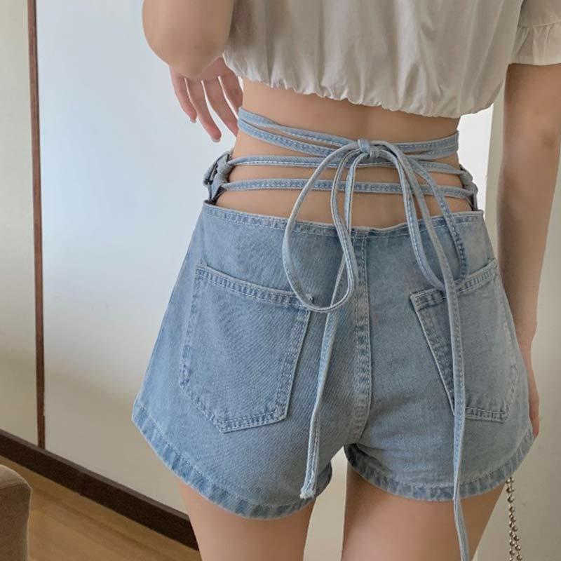 Lace Up High Waist Denim Shorts  |   Shorts Clothing Blue