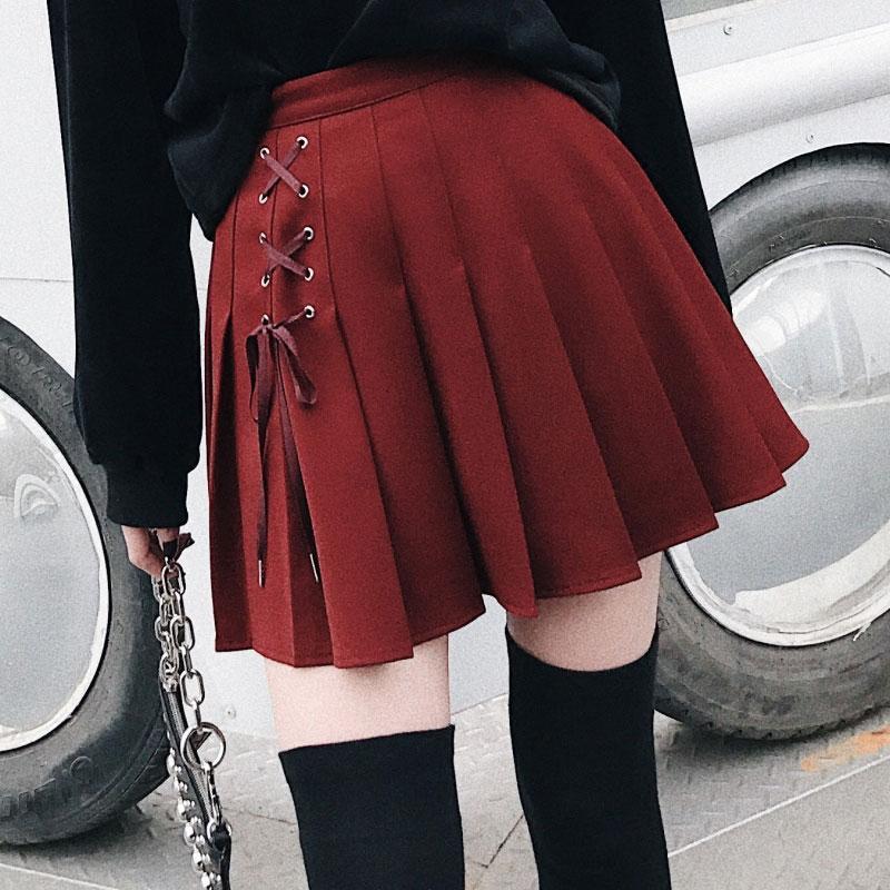 Lace Up High Waist Pleated Short Skirt  |   Skirts Clothing Black