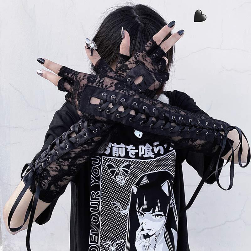 Lace Up Hollow Out Lace Gloves  |   Hats & Scarfs Accessories Black