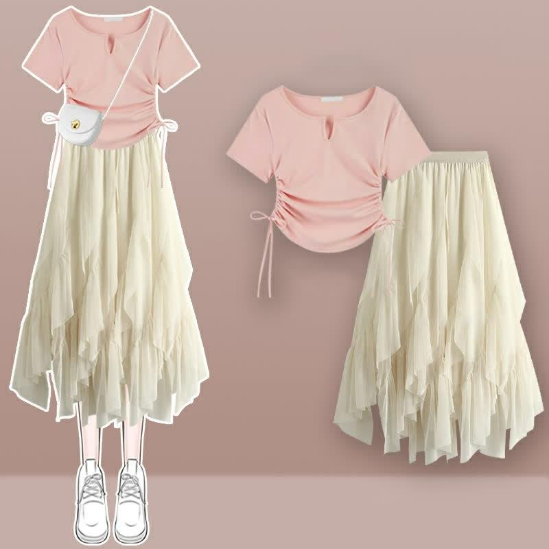 Lace Up Ruffled T-Shirt Tulle Tiered Skirt Two Pieces Set  |   T-Shirts Clothing Set