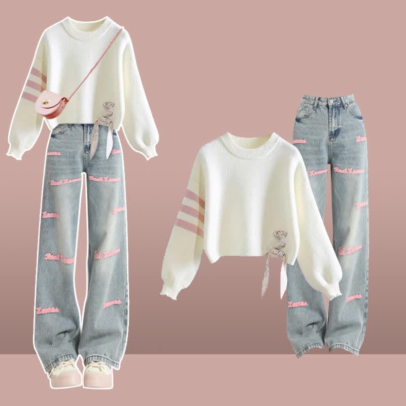 Lace Up Stripe Sleeve Sweater Letter Embroidery Casual Denim Pants  |   Sweater Clothing Pants A