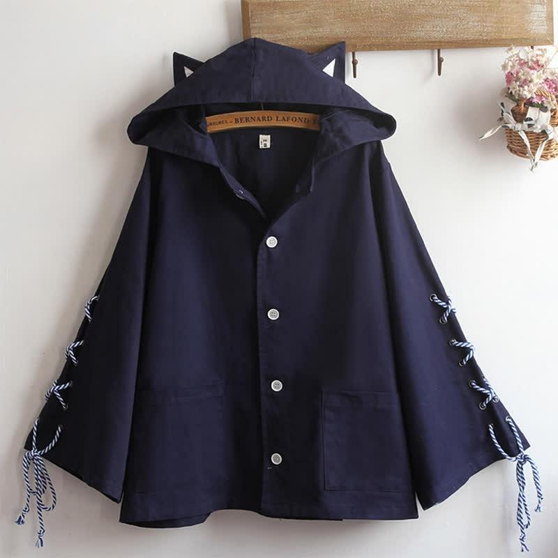 Lace Up Zipper Kitty Hooded Cloak Coat  |   Outerwear Clothing Coat