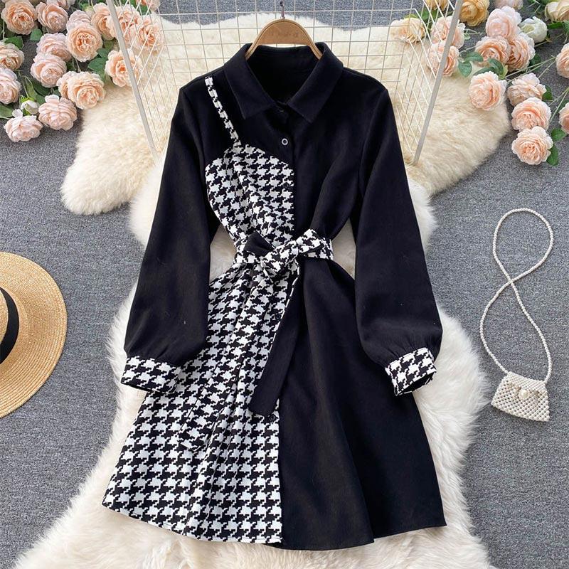 Lapel Plaid Splice Lace Up Shirt Dress  |   Dresses Clothing Apricot