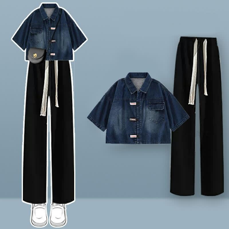 Lapel Short Denim T-Shirt Drawstring Pants Two Pieces Set  |   T-Shirts Clothing Pants