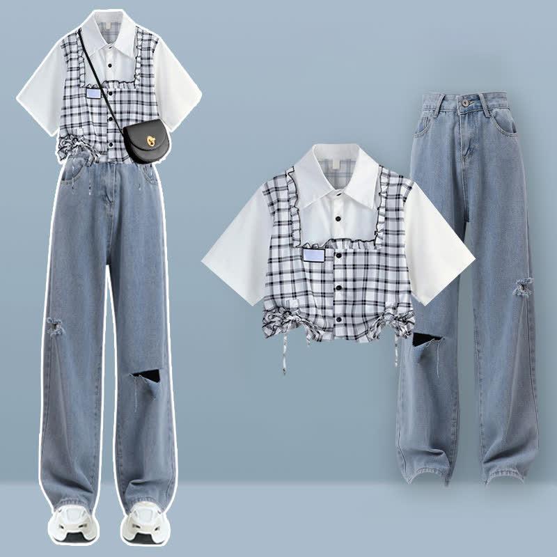 Lattice Print Drawstring Lapel T-Shirt Loose Denim Pants  |   T-Shirts Clothing Pants A