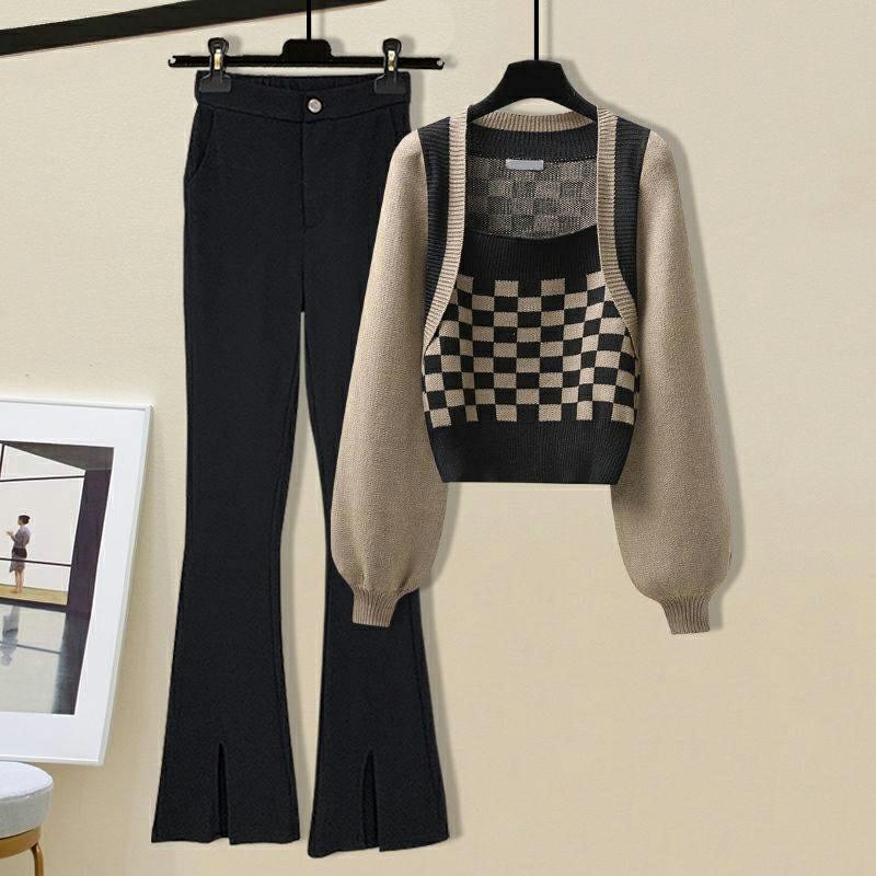 Lattice Print Sweater Split Pants Casual Two Pieces Set  |   Sweater Clothing Black Pants