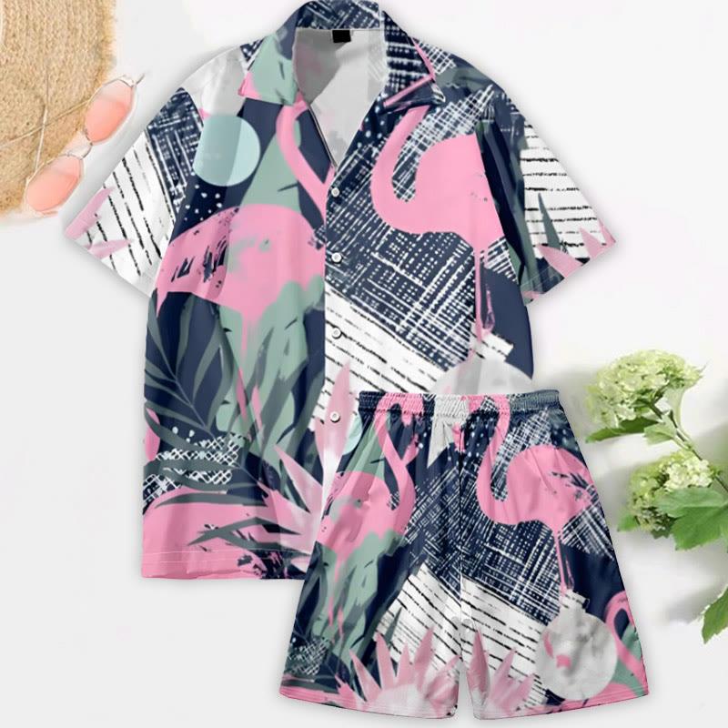 Leaf Flamingo Pattern T-Shirt Shorts  |   Shorts Clothing Set