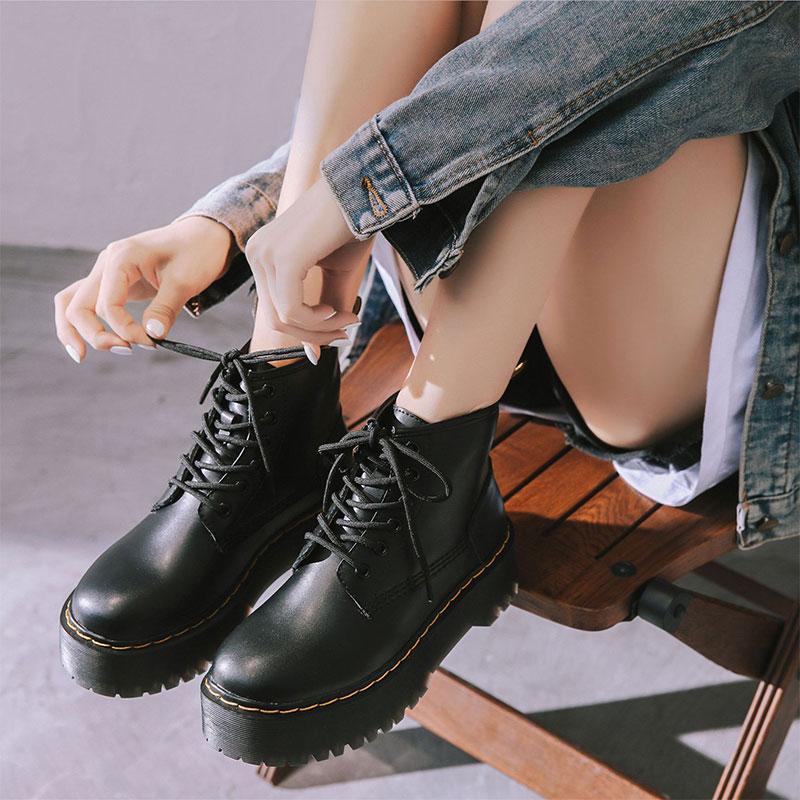 Leather Platform Lace Up Round Toe Martin Boots  |   Boots Boots Black