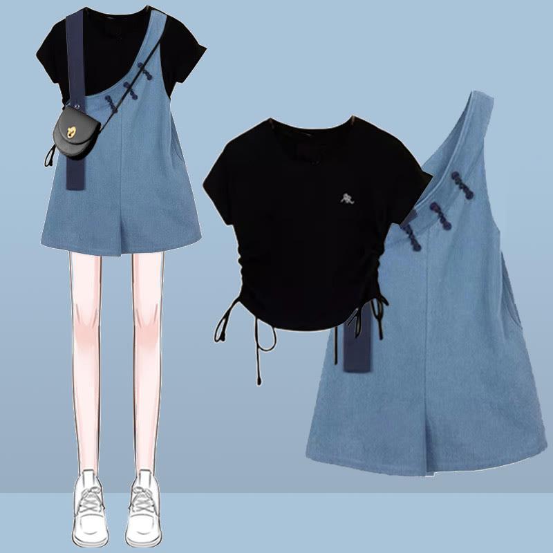 Letter Drawstring T-Shirt Buckle Irregular Overall Two Pieces  |   T-Shirts Clothing Overalls