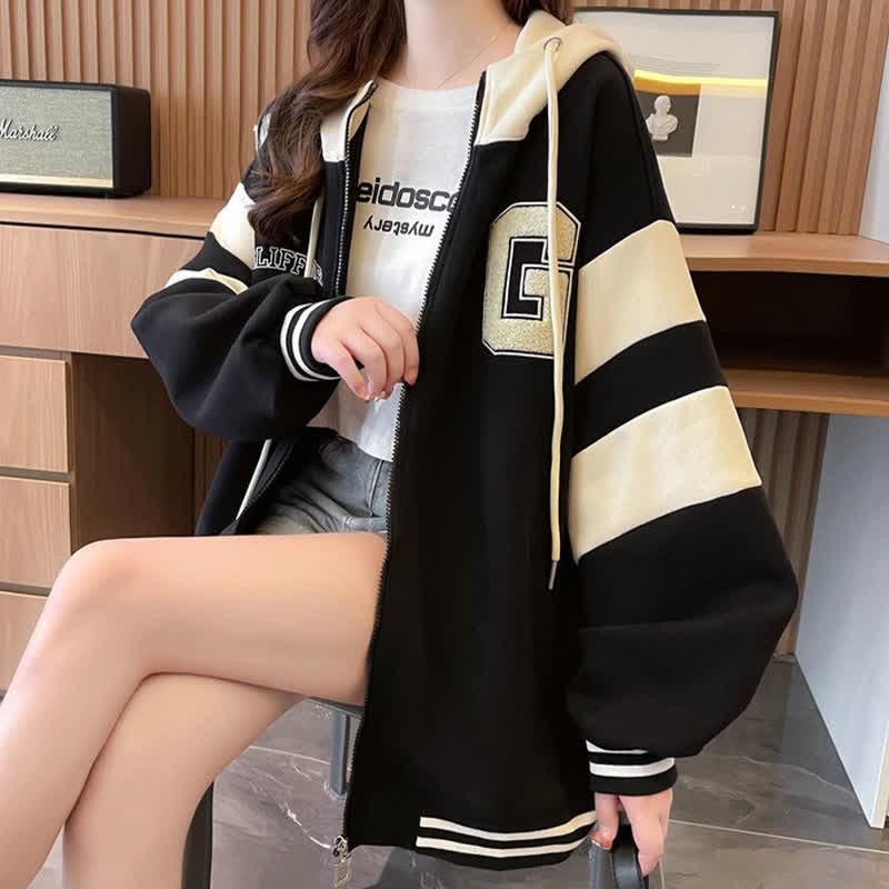 Letter Embroidery Colorblock Plush Hooded Zipper Sweatshirt  |   Sweatshirts & Hoodies Clothing Black