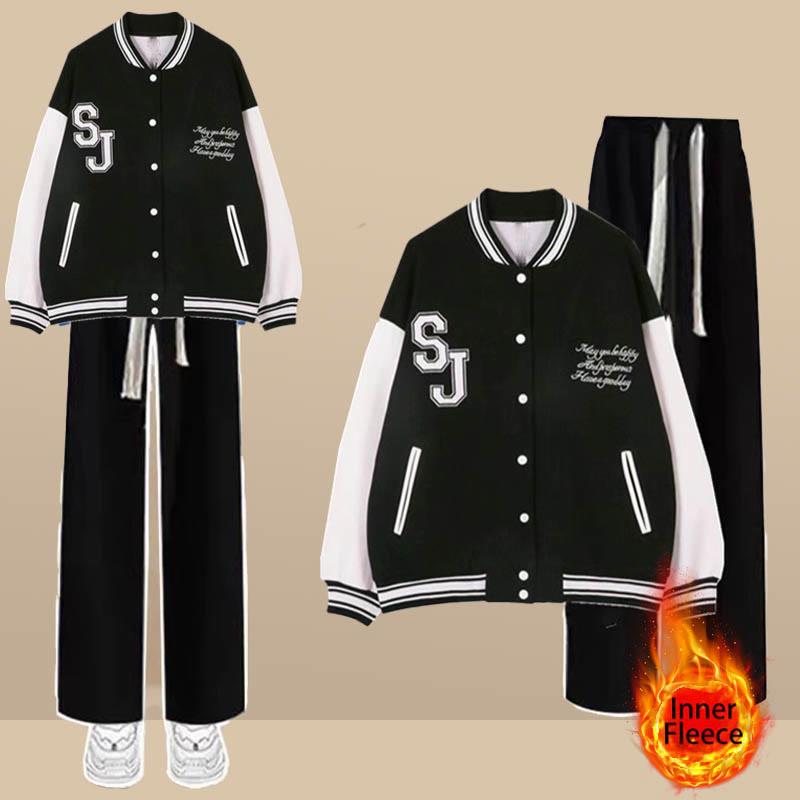 Letter Embroidery Plush Baseball Jacket Pants Two Pieces  |   Pants Clothing Black Jacket Inner Fleece