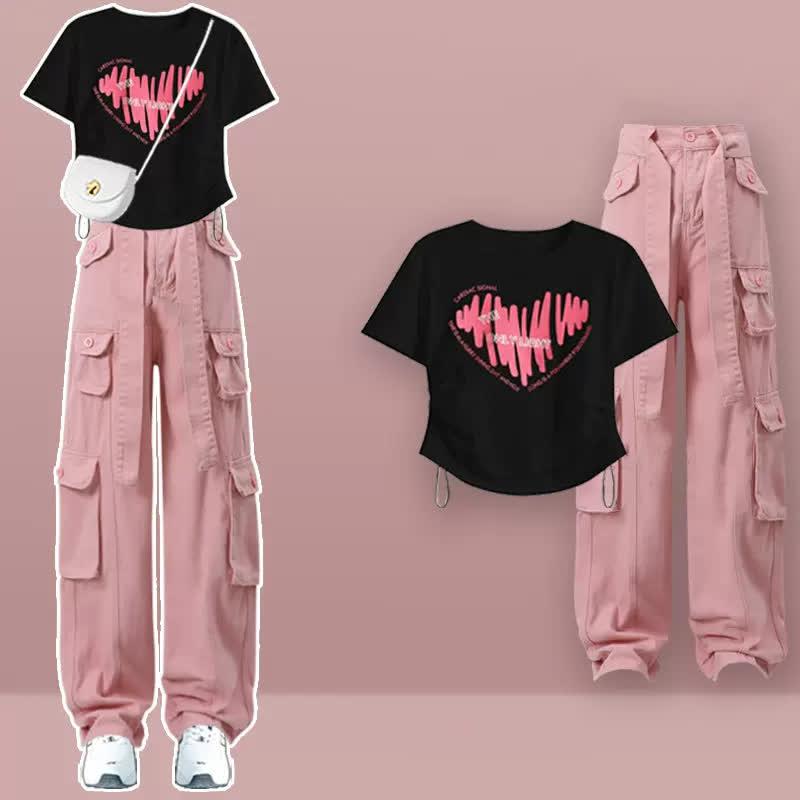 Letter Love Heart Print Crop Top T-Shirt Casual Cargo Pants  |   T-Shirts Clothing Crop Tops & Camis