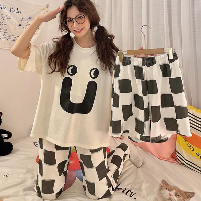 Letter Plaid Print Pajamas Three Pieces Set  |   Pajamas Clothing Pajamas