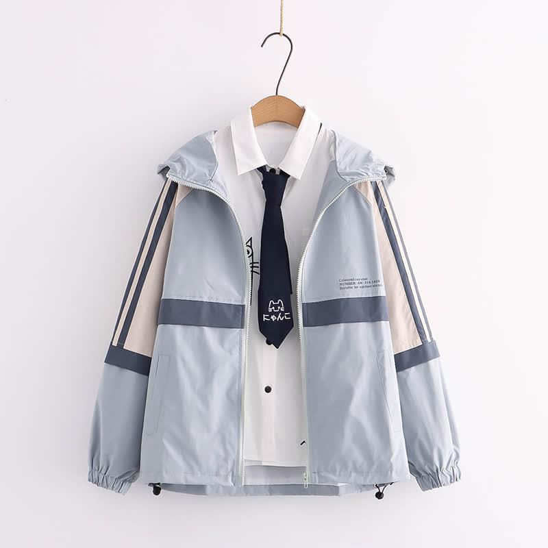 Letter Print Colorblock Zipper Hooded Jacket  |   Outerwear Clothing Blue