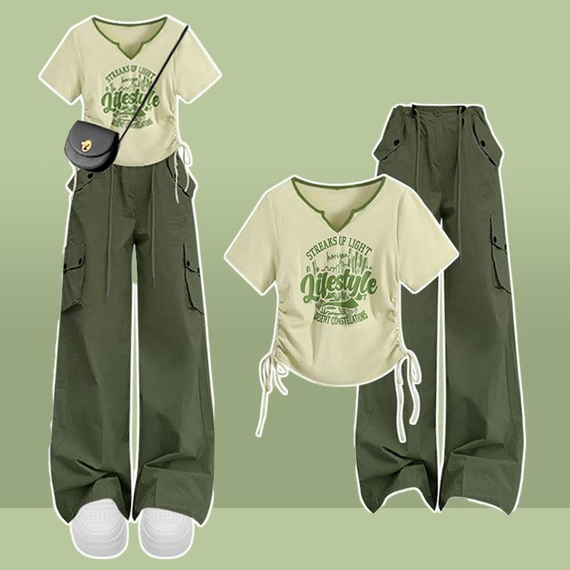 Letter Print Drawstring Top Green Cargo Pants Two Pieces  |   T-Shirts Clothing Pants