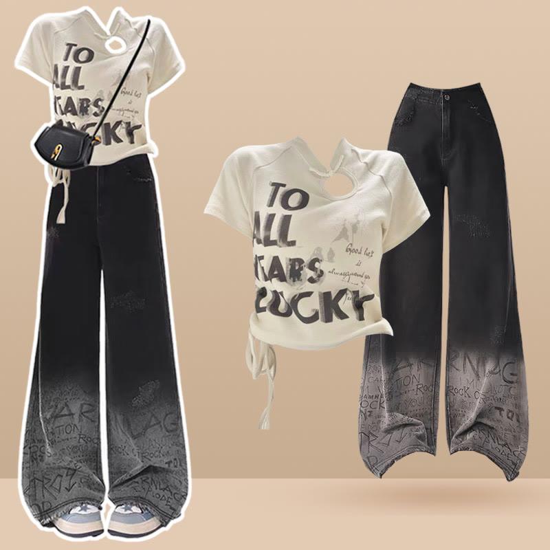 Letter Print Hollow T-Shirt Gradient Jeans  |   Pants Clothing Pants