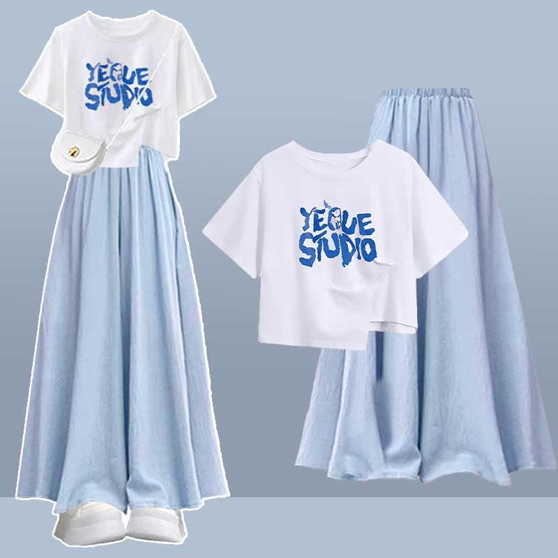 Letter Print Irregular T-Shirt Blue Pantskirt Two Pieces  |   T-Shirts Clothing Pants