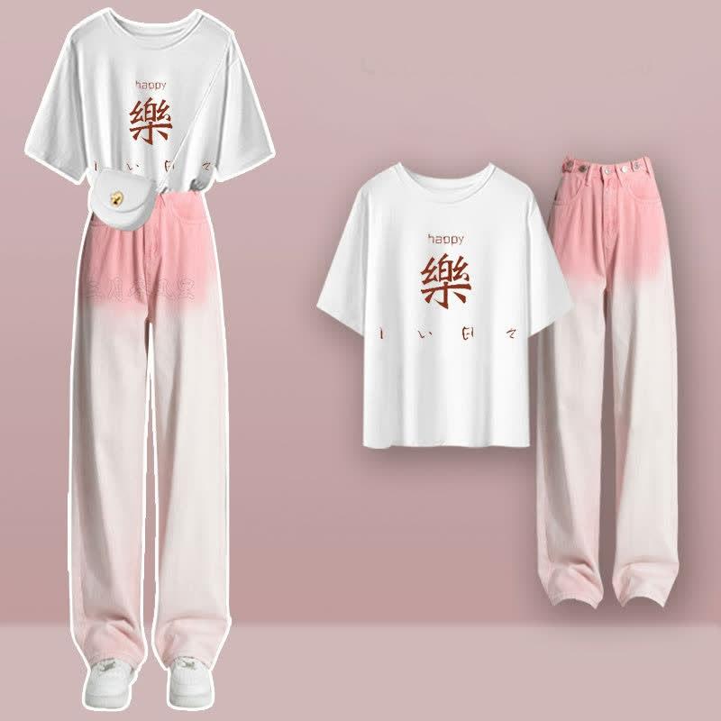 Letter Print T-Shirt Gradient Color Denim Pants Two Pieces Set  |   T-Shirts Clothing Pants