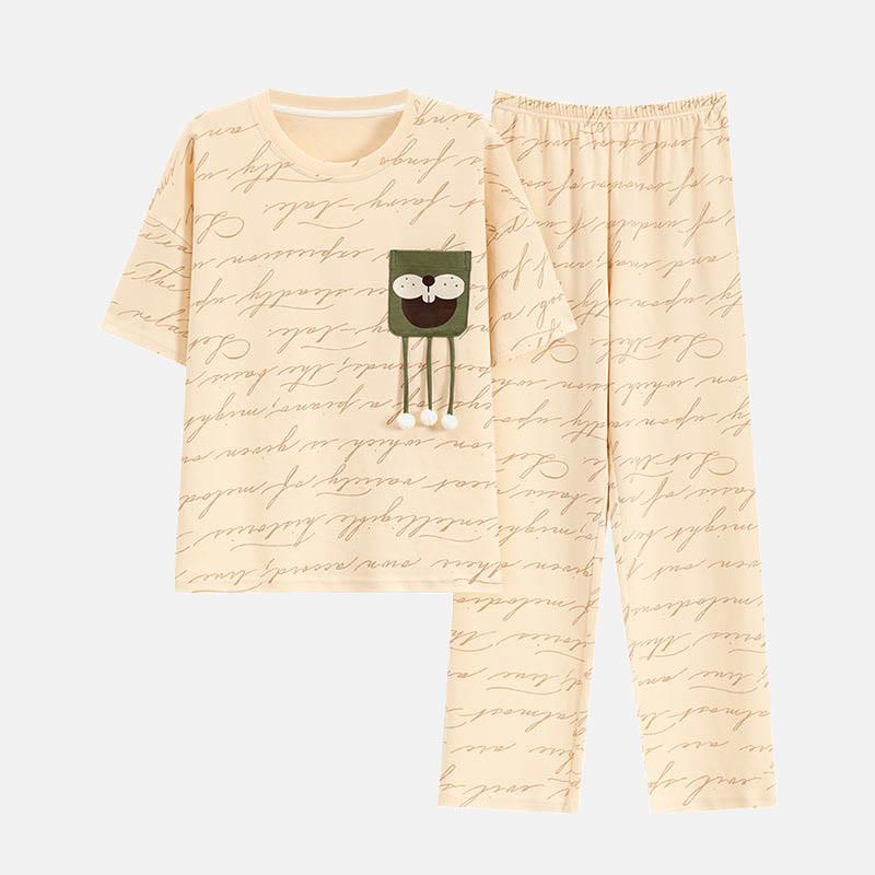 Letter Print T-Shirt Pants Pajamas Two Piece Set  |   Pants Clothing Apricot