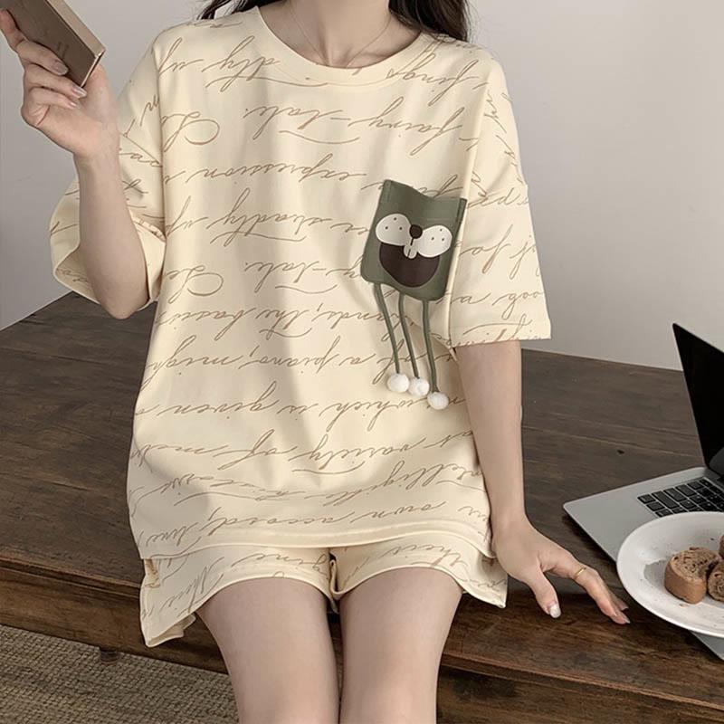 Letter Print T-Shirt Shorts Pajamas Two Piece Set  |   Pajamas Clothing Apricot