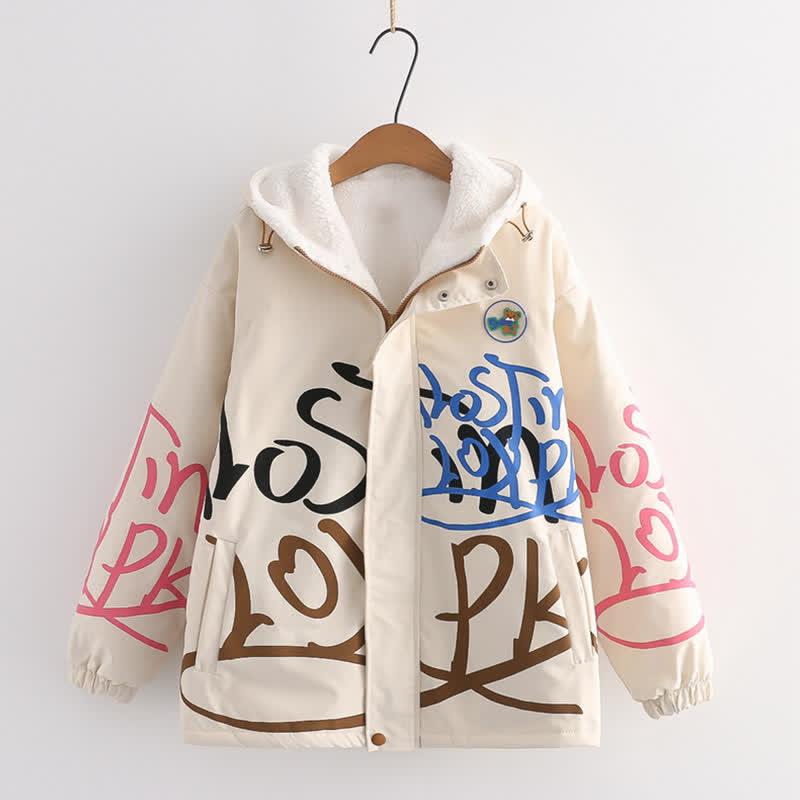 Letter Print Zipper Plush Loose Hooded Coat  |   Outerwear Clothing Beige