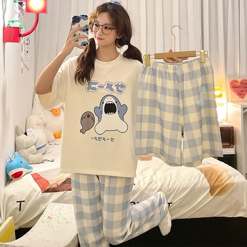 Letter Shark Plaid Print Pajamas Three Pieces Set  |   Pajamas Clothing Pajamas