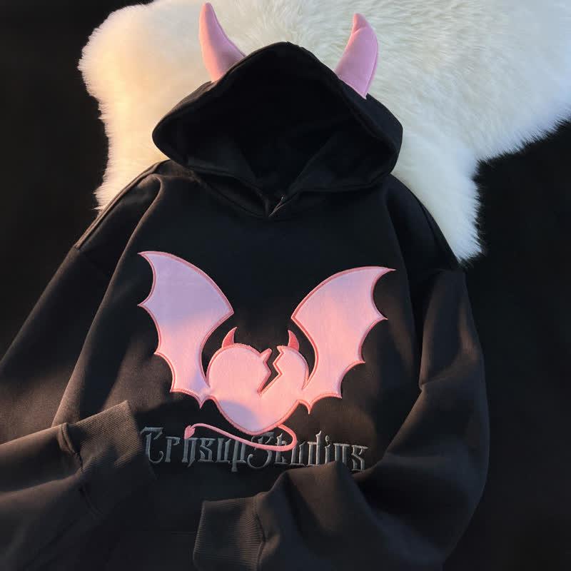 Little Devil Letter Embroidery Pocket Oversize Hoodie  |   Sweatshirts & Hoodies Clothing Black