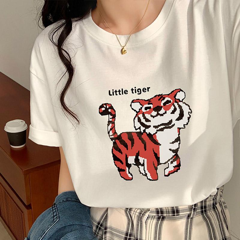 Little Tiger Print Round Collar Loose T-Shirt  |   T-Shirts Clothing Red