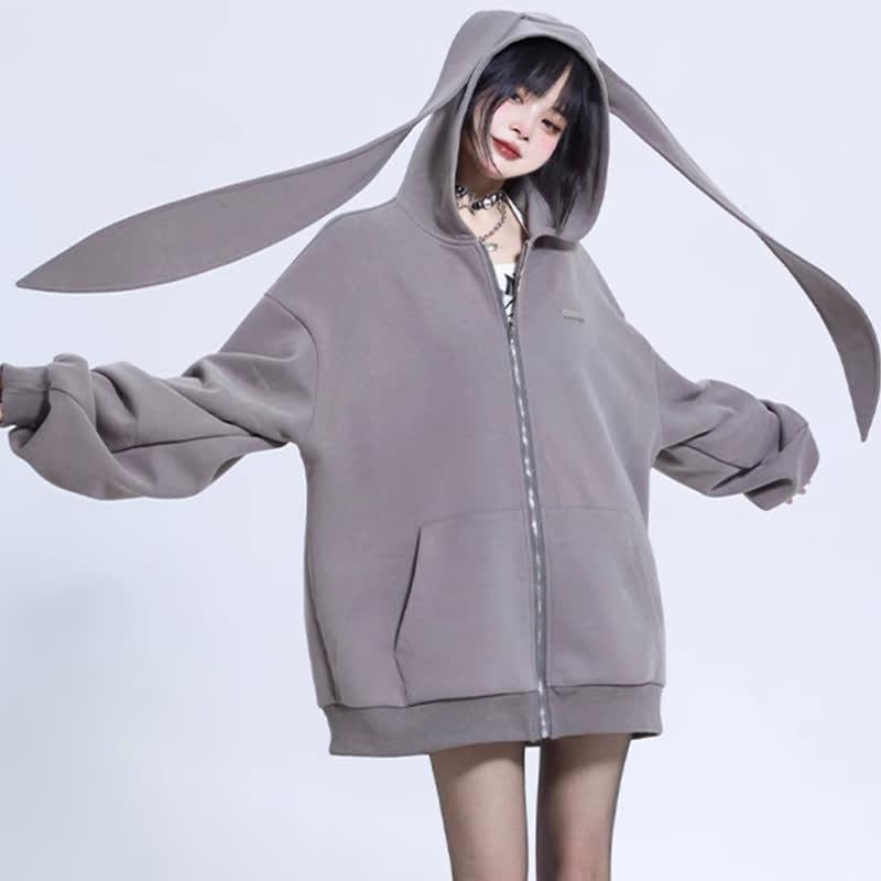 Long Bunny Ears Pocket Oversize Zipper Hooded Sweatshirt  |   Sweatshirts & Hoodies Clothing Black Stripe