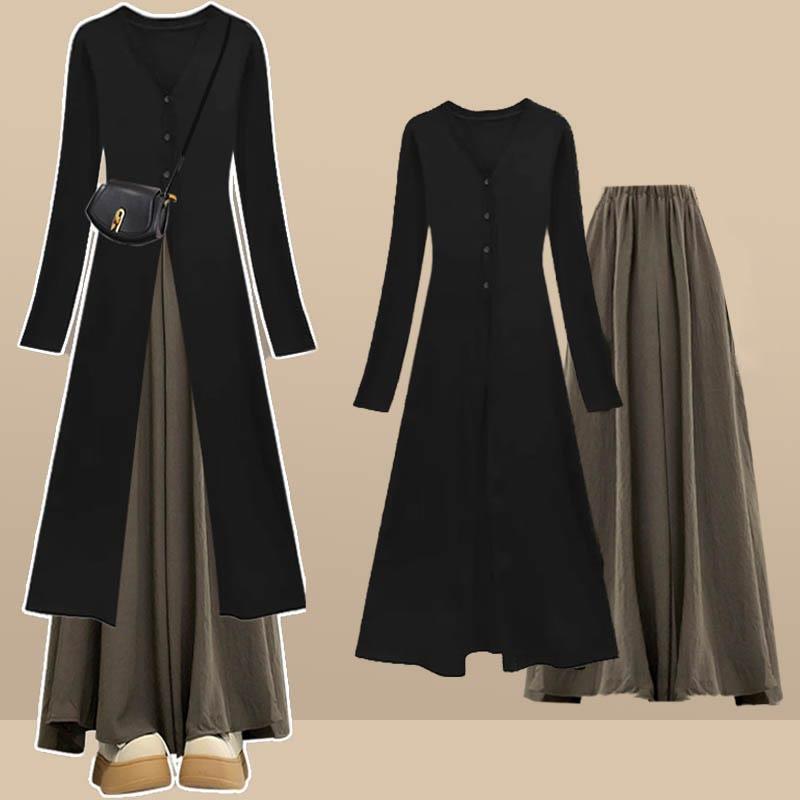 Long Sleeve Split Dress Brown Pantskirt Two Pieces  |   Dresses Clothing Dress