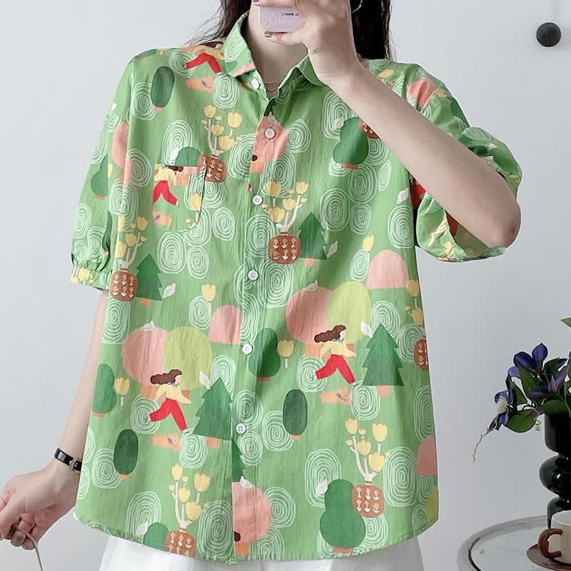 Loose Cartoon Print Short Sleeve Lapel T-Shirt  |   T-Shirts Clothing Green