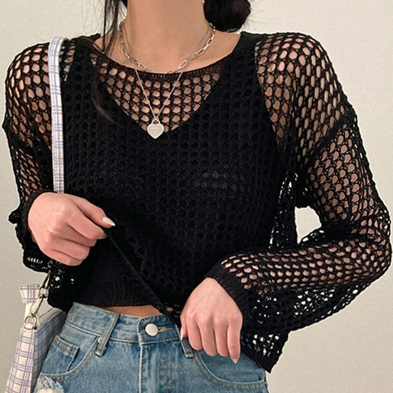 Loose Hollow Out See Through Mesh Crochet Crop Top  |   Crop Tops & Camis Clothing Black