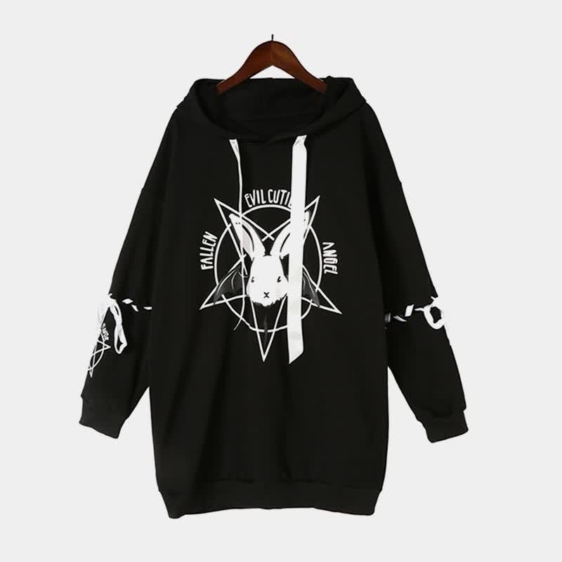 Loose Lace Up Sleeves Rabbit Hoodie  |   Sweatshirts & Hoodies Clothing Black