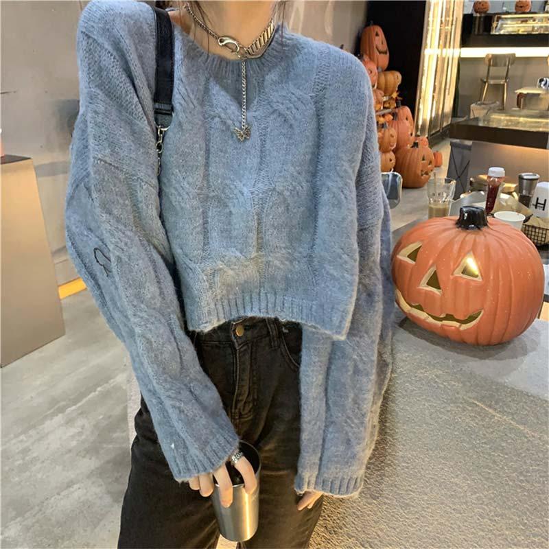 Loose Pure Color Round Collar Sweater  |   Sweater Clothing Blue