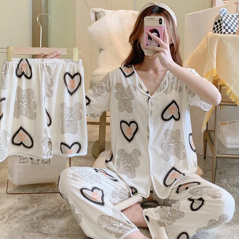 Love Heart Bow Print Pajamas Three Pieces Set  |   Pajamas Clothing A