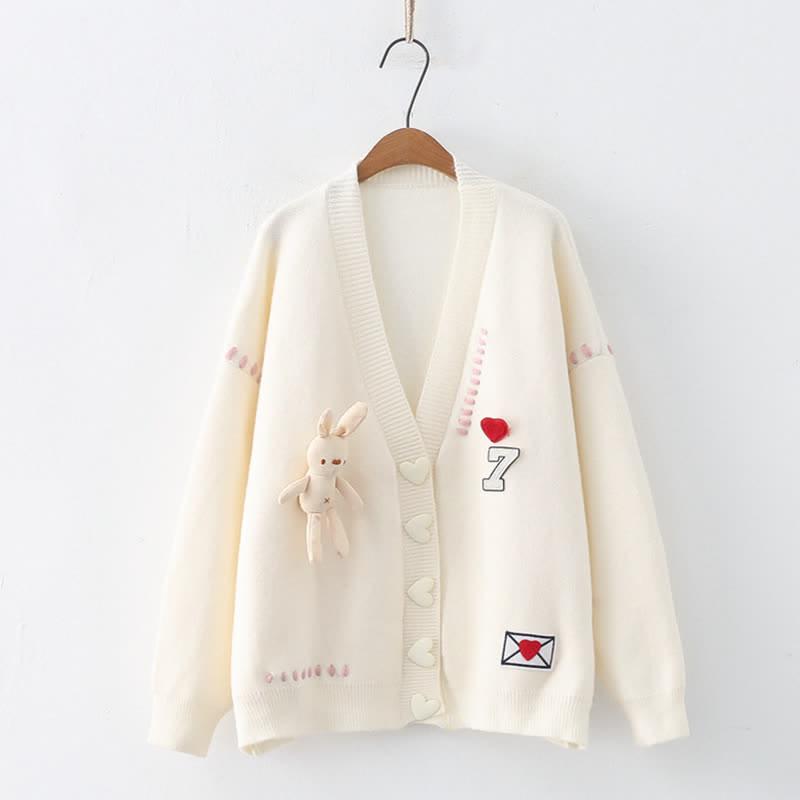 Love Heart Bunny Knit Loose V-Neck Cardigan Sweater  |   Outerwear Clothing Beige