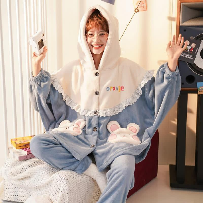 Lovely Cartoon Batwing Sleeve Plush Hooded Pajamas Set  |   Pajamas Clothing A