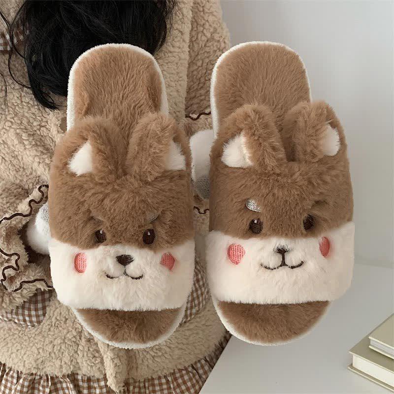 Lovely Cartoon Bear Colorblock Plush Slippers  |   Slippers Shoes Brown