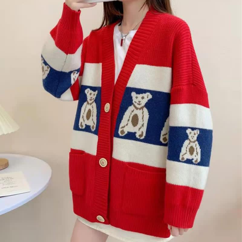 Lovely Cartoon Bear Print Colorblock Pocket Knit Sweater Cardigan  |   Sweater Clothing Beige