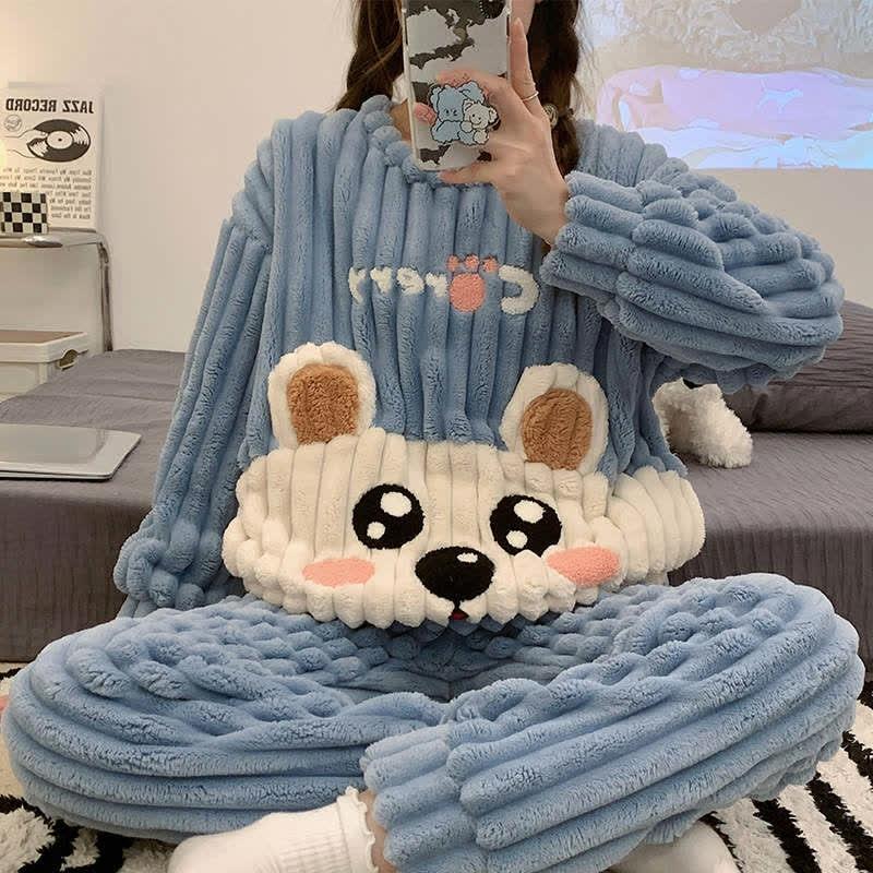 Lovely Cartoon Koala Print Plush Pajamas Set  |   Pajamas Clothing Blue