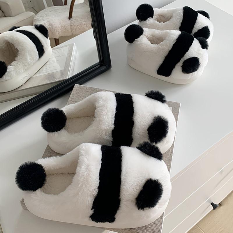 Lovely Cartoon Panda Fuzzy Ball Plush Slippers  |   Slippers Shoes A