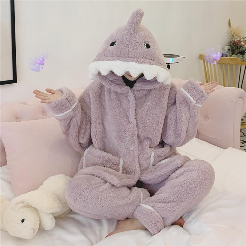 Lovely Cartoon Shark Plush Hooded Pajamas Set  |   Pajamas Clothing Blue