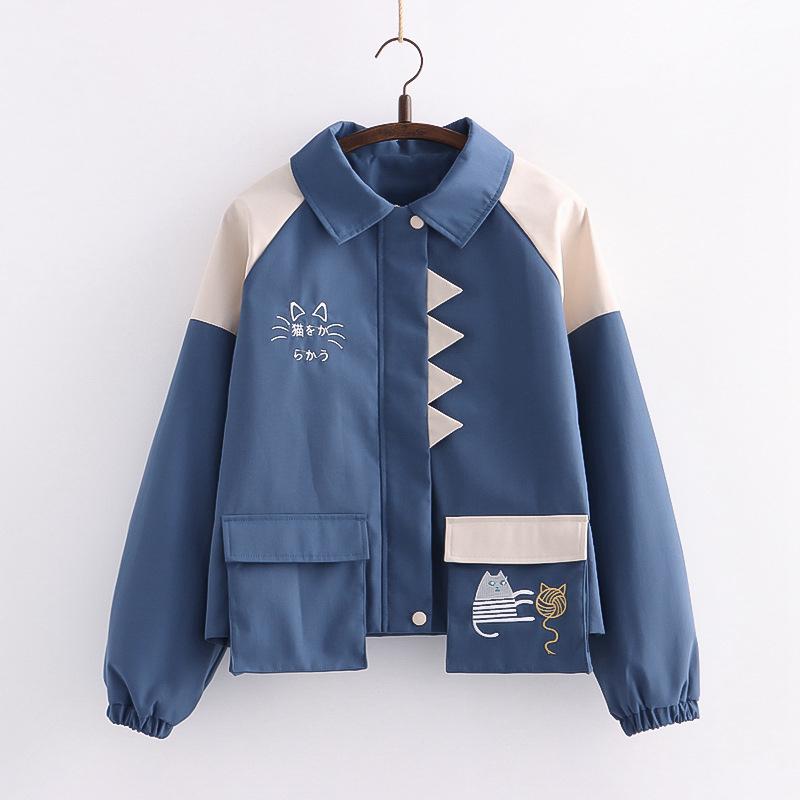 Lovely Kitty Embroidery Colorblock Pocket Outerwear  |   Outerwear Clothing Blue