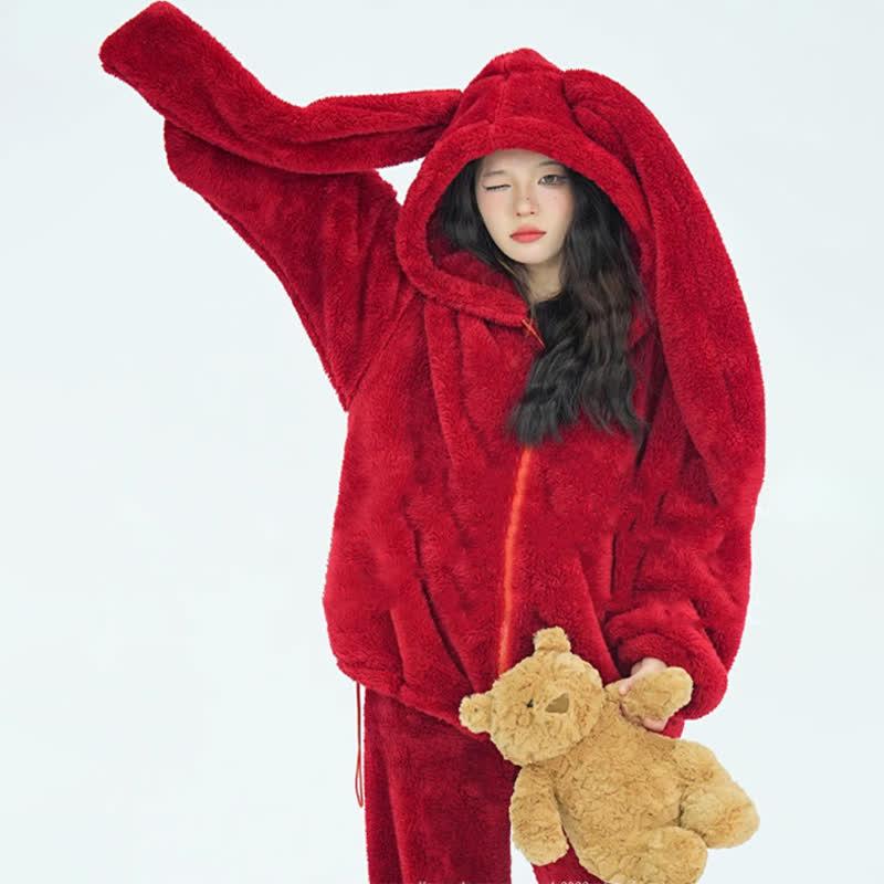 Lovely Long Bunny Ears Hooded Zipper Plush Pajamas Set  |   Pajamas Clothing Pajamas