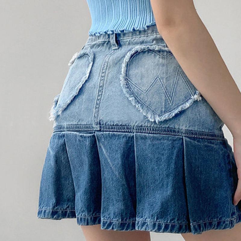 Lover Heart Design Pleated Denim Skirt  |   Skirts Clothing Blue