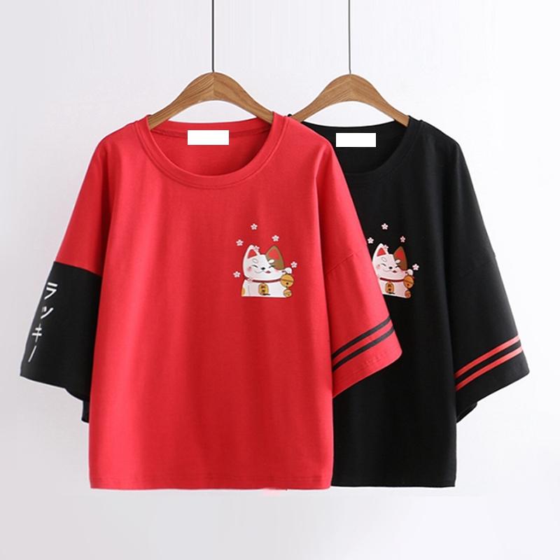 Lucky Cat Print Color Block T-Shirt  |   T-Shirts Clothing Black