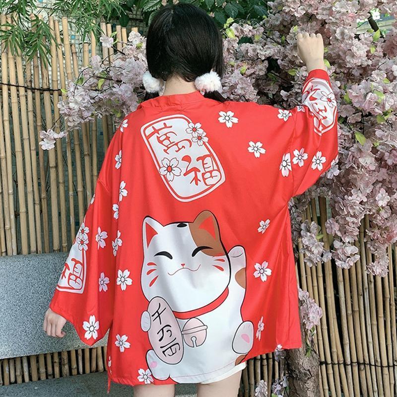 Lucky Cat Sakura Print Japanese Loose Outerwear Kimono  |   Outerwear Clothing Black