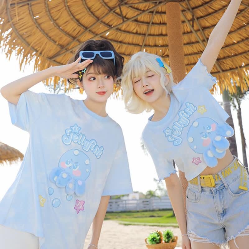 Matching Best Friends Jellyfish Print T-Shirt Casual Shorts  |   T-Shirts Clothing Blue Gloves