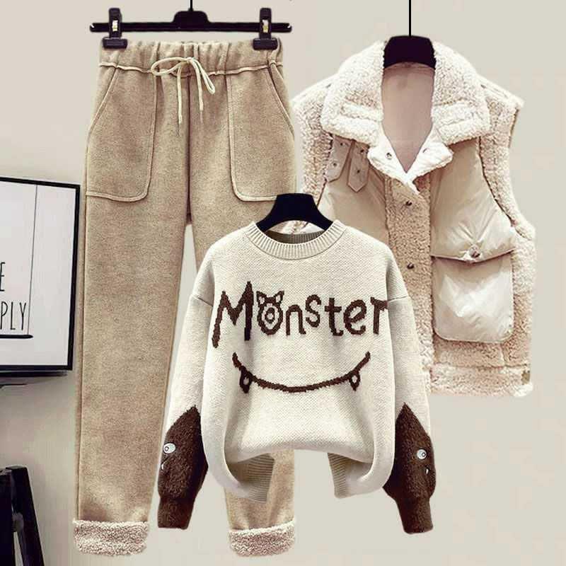 Monster Letter Print Sweater Fleece Vest Casual Pants Three Pieces  |   Sweater Clothing Apricot Sweater