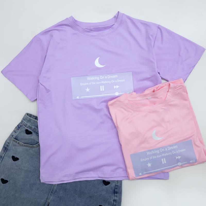 Moon Music Print Round Collar Casual T-Shirt  |   T-Shirts Clothing Pink